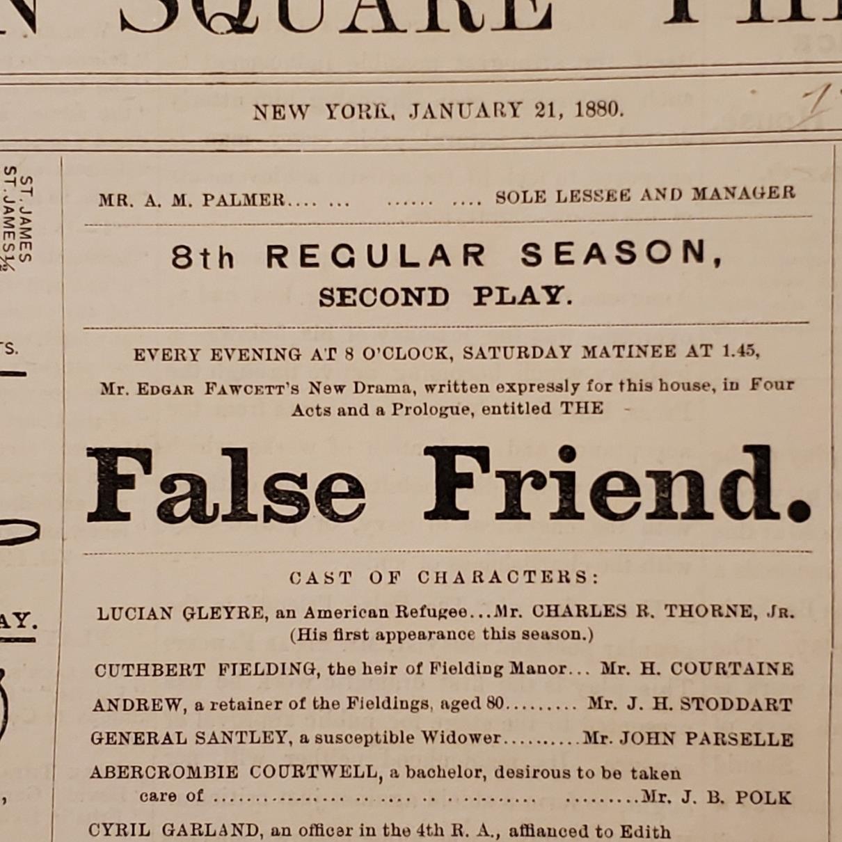 5174----1880 Union Square Theatre NYC program or broadside