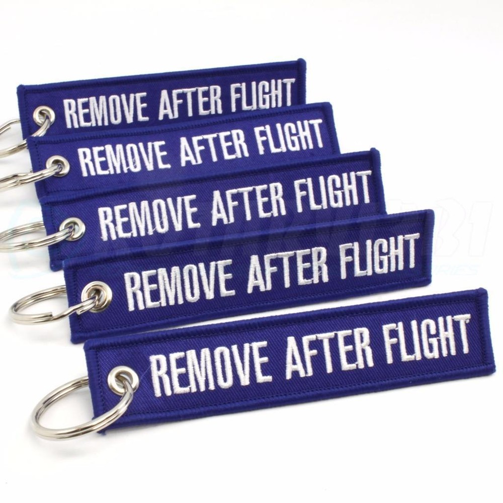 REMOVE AFTER FLIGHT KEYCHAIN QTY= 5 PCS BLUE/white TAGS FLAGS PILOT CREW