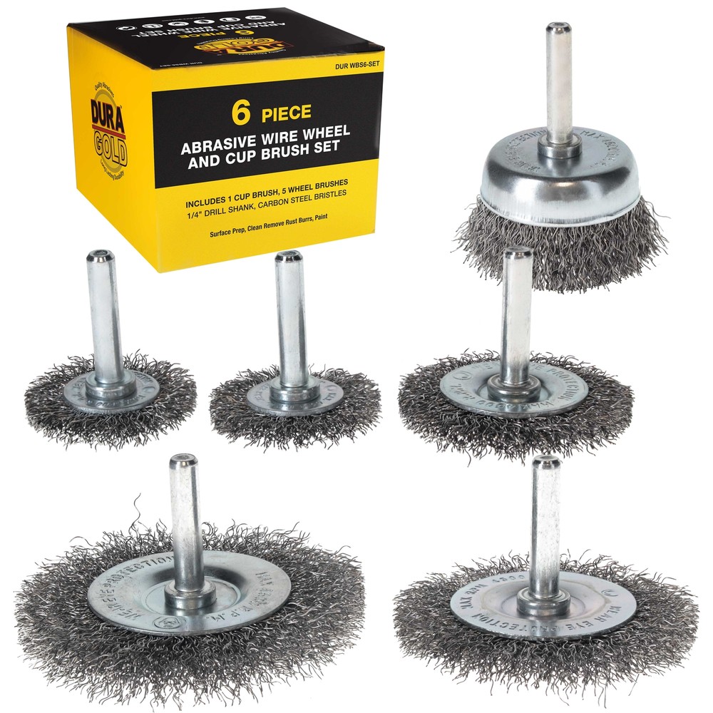 6pc Abrasive Wire Wheel and Cup Brush Set, 1/4" Drill Shank, Grind Remove Rust