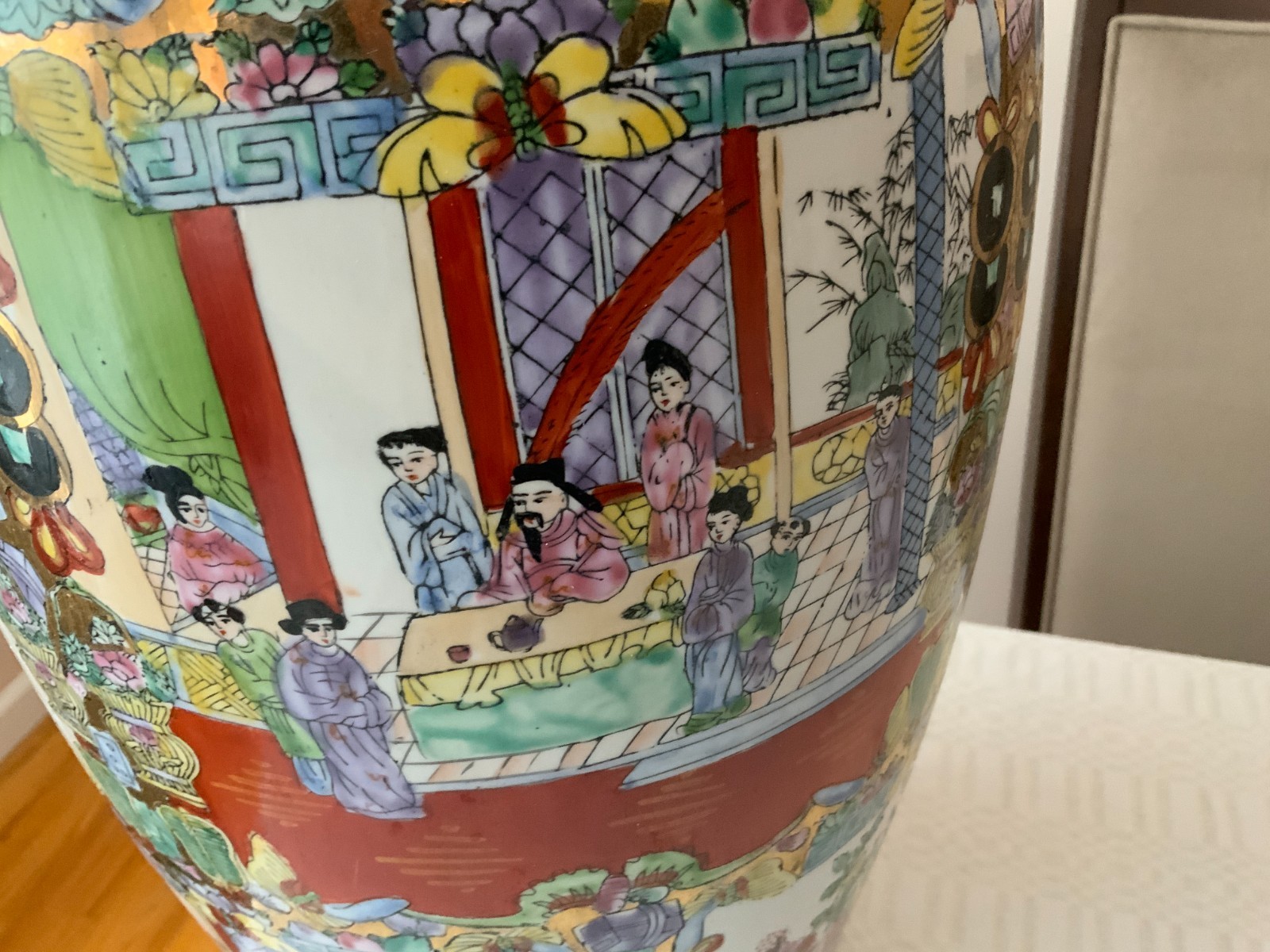 Large 24" Vintage Chinese Polychrome floor vase scenes flowers people