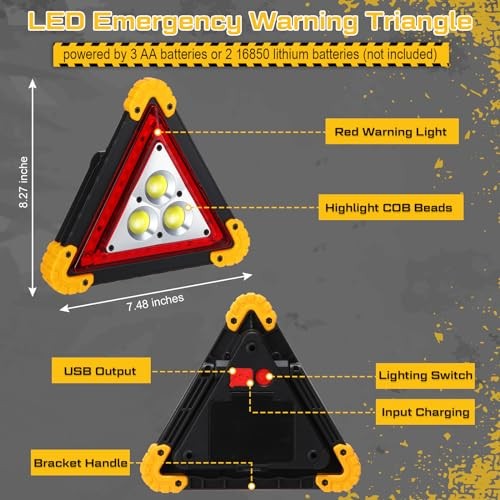 LED Emergency Warning Triangle, Rechargeable Portable Flashing LED Warning 3