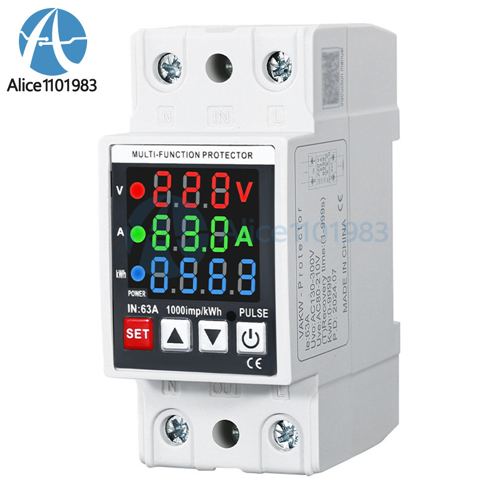 Voltage Current Power Meter 35mm Rail Overcurrent Undervoltage Protector 63A