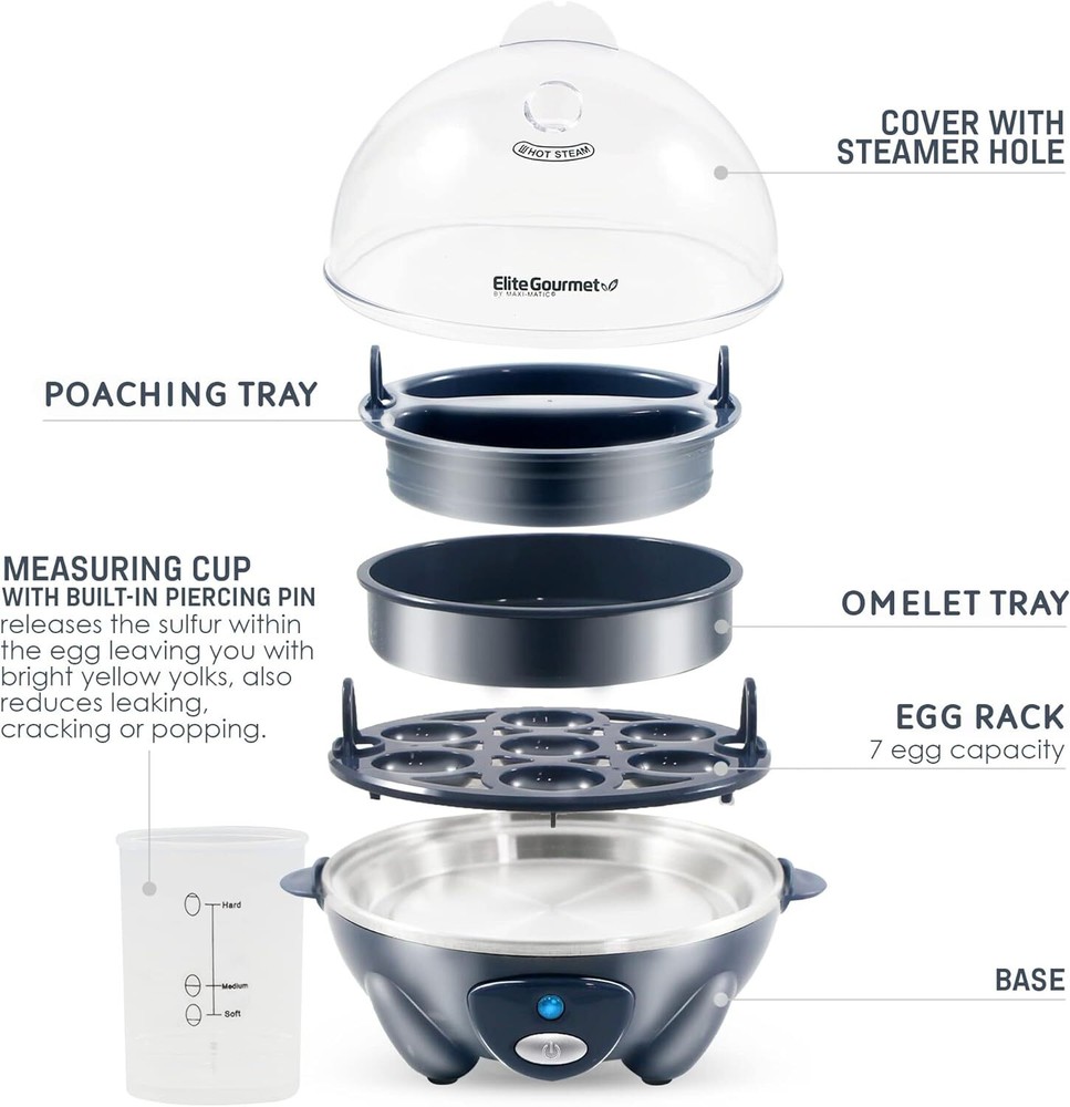 Elite Gourmet Easy Electric 7 Egg Capacity Soft, Medium, Grey Blue