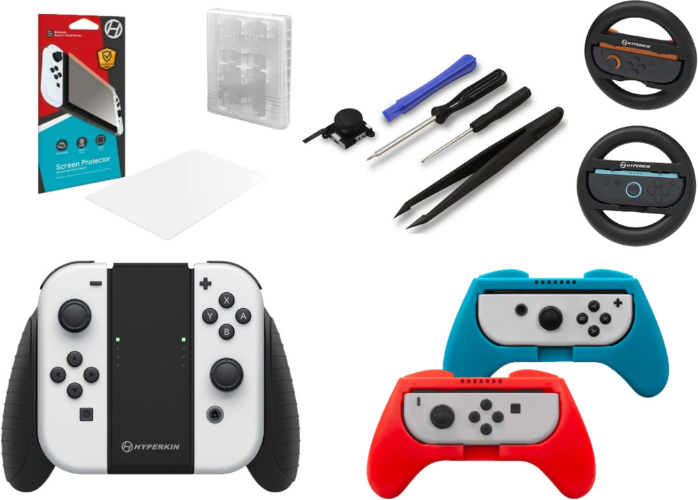 Repair Kit Bundle for Nintendo Switch w/Screen Protector, Steering Wheels, case