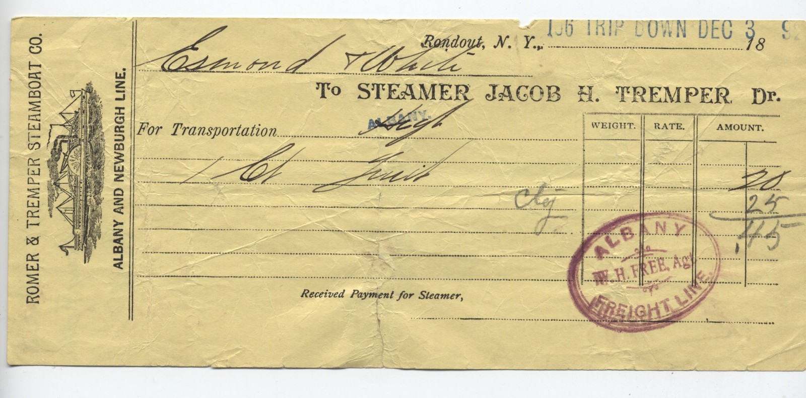 1892 Steamer Jacob H. Tremper freight receipt Rondout NY vignetted [6894.61]
