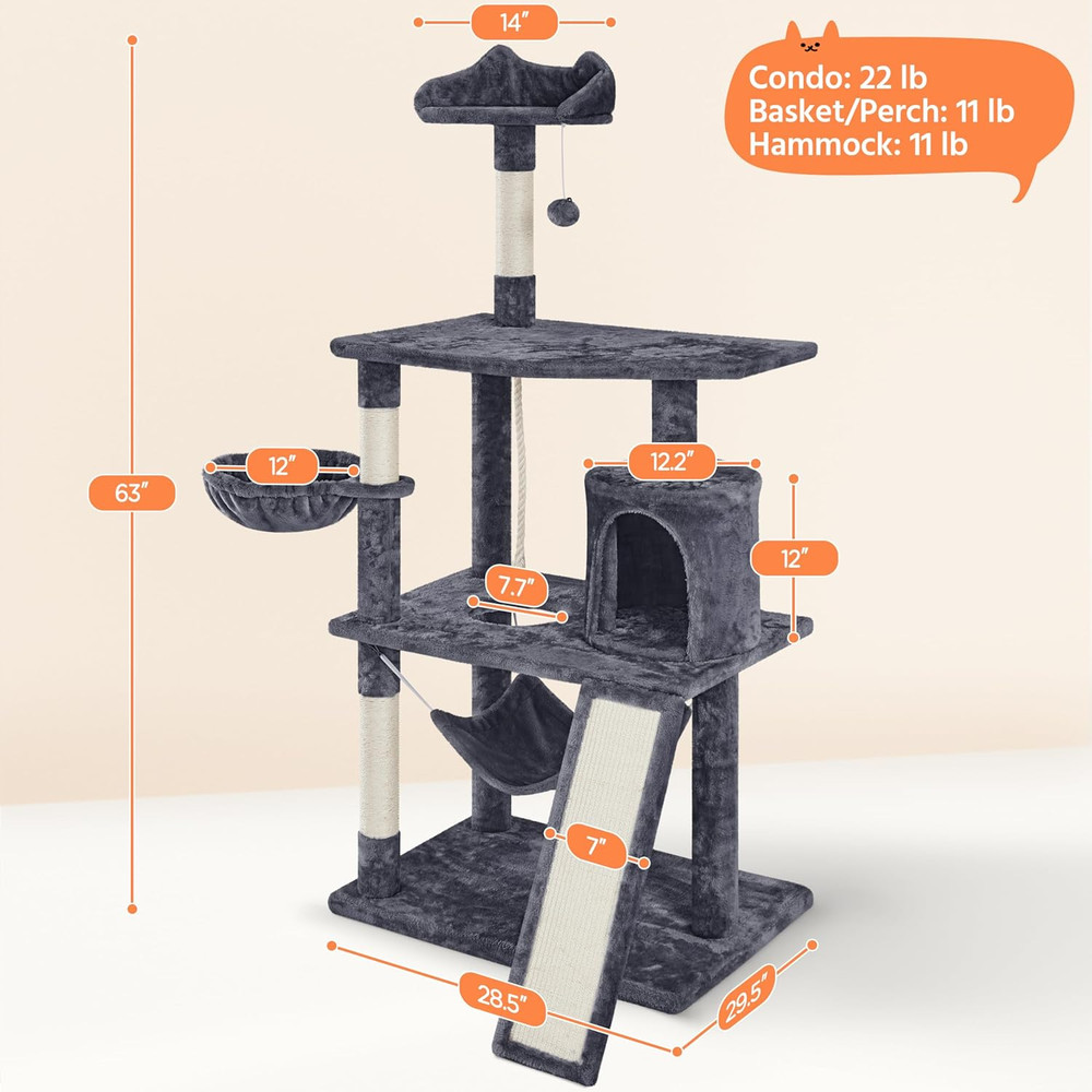Deluxe 63.5" Multi-Level Cat Tree with Hammock & Scratching Posts for Cats