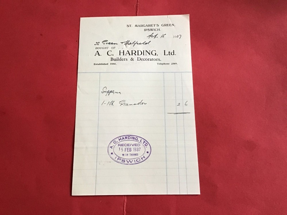 A. C. Harding Ltd Builders & Decorators  1937   receipt R36569