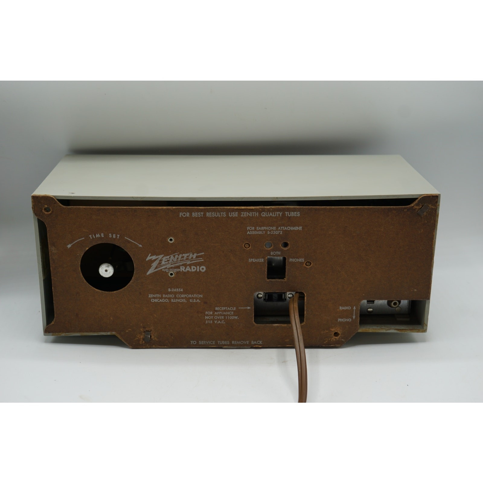 Vintage Zenith Tube AM Clock Radio Telechron Alarm S-24554