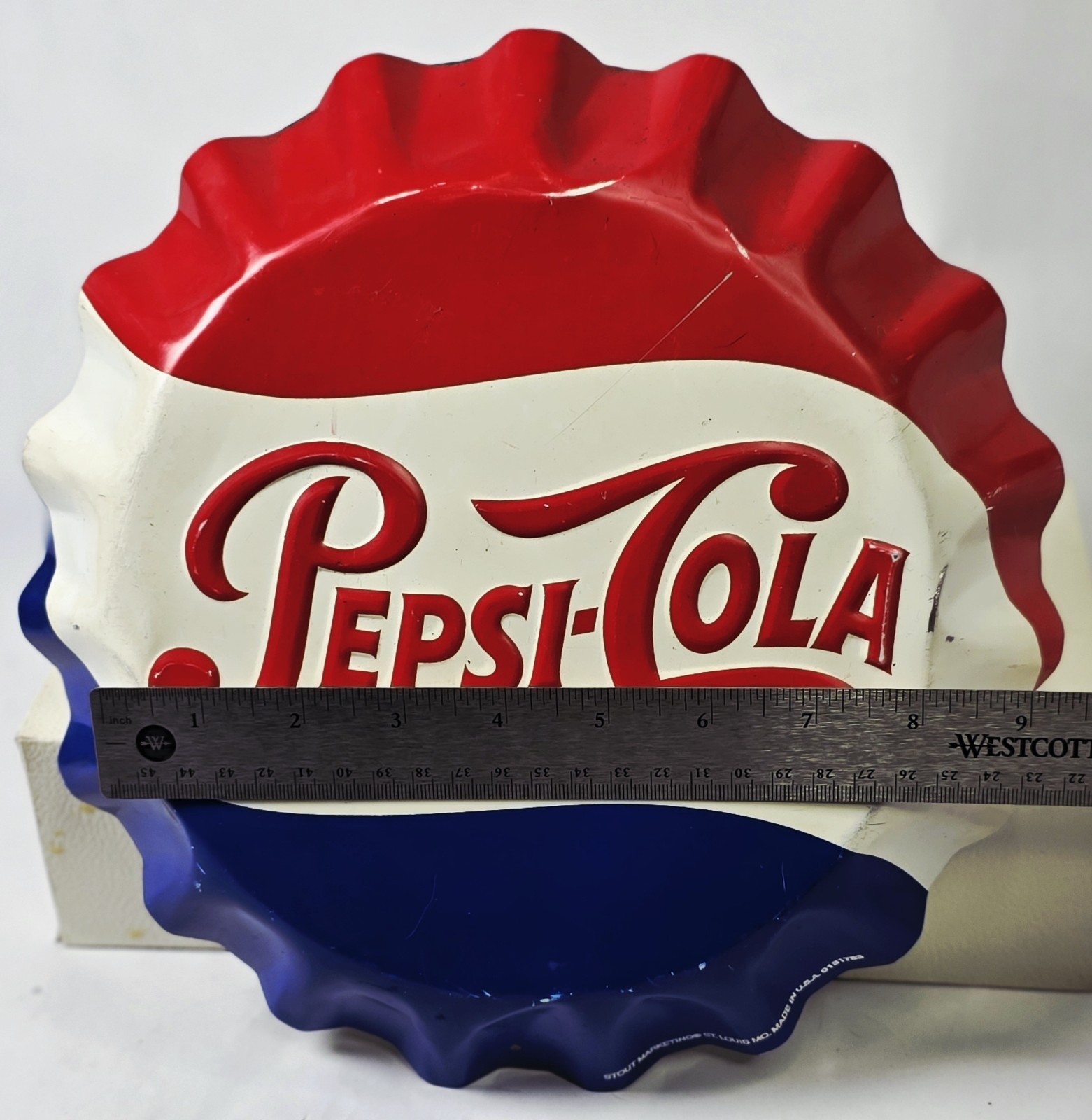Pepsi-Cola Bottle Cap Sign 11" | Metal Embossed | Stout Marketing St. Louis, Mo.