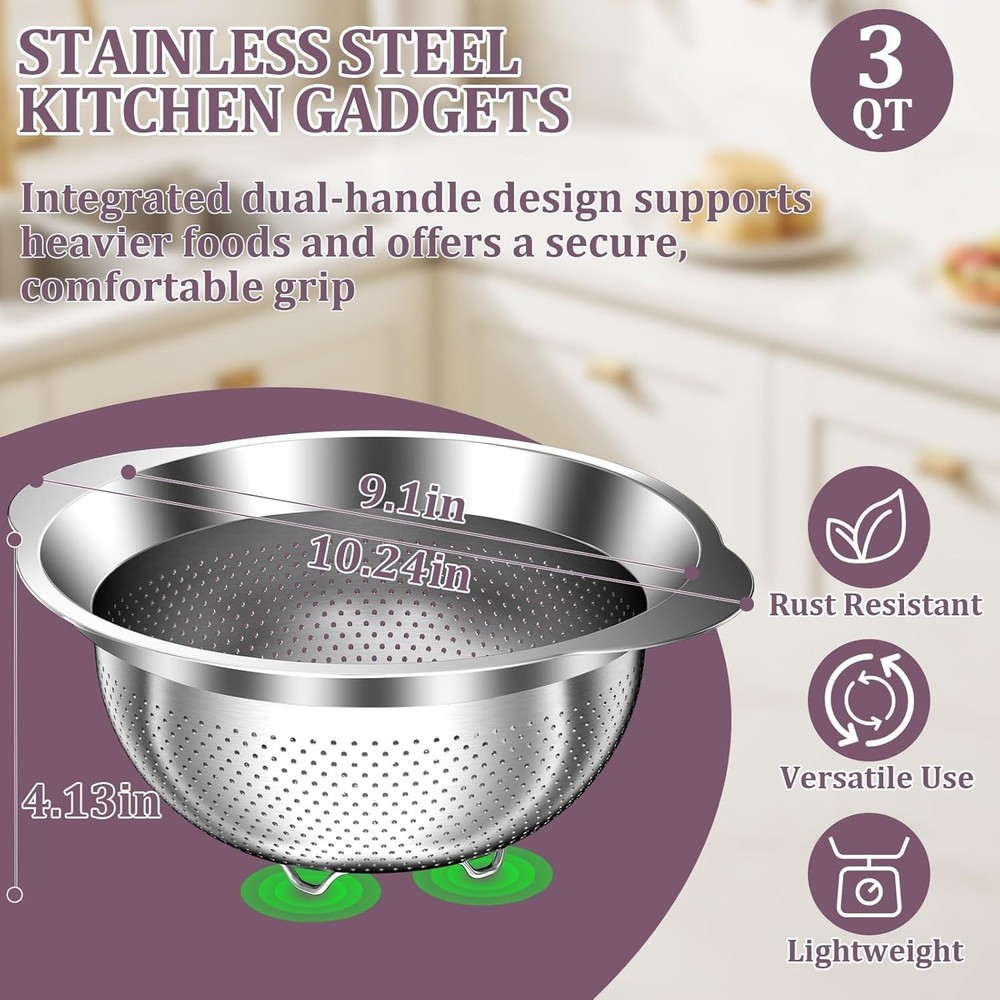 Stainless Steel Colander - 3QT Medium Capacity Strainer with Handle, Kitchen Foo