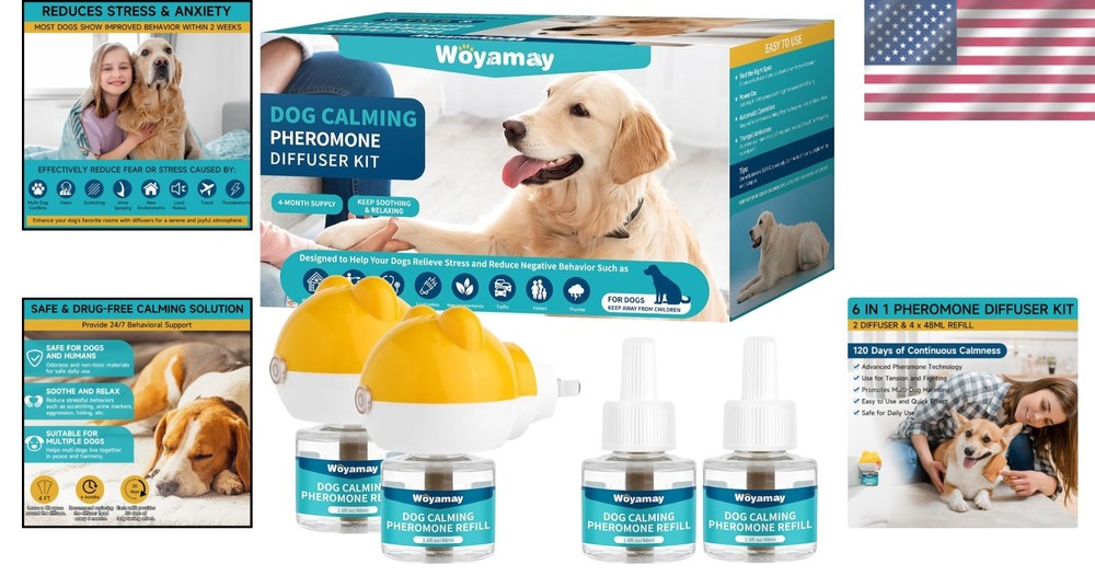 2 Diffusers & 4 Refills - Dog Calming Diffuser for Stress Relief, Lasts 120 Days