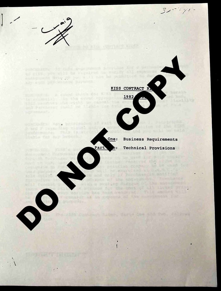 KISS Contract Rider 1982/83 PHOTOCOPY