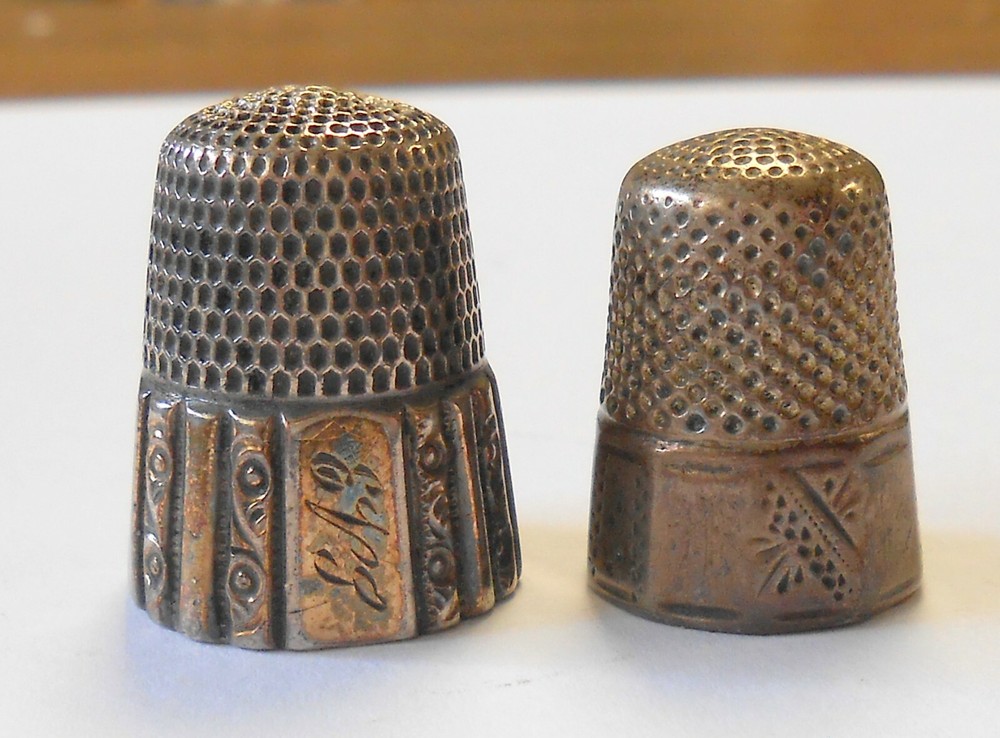 2 Antique Sterling Silver Sewing Thimbles # 10 & # 7 Etched