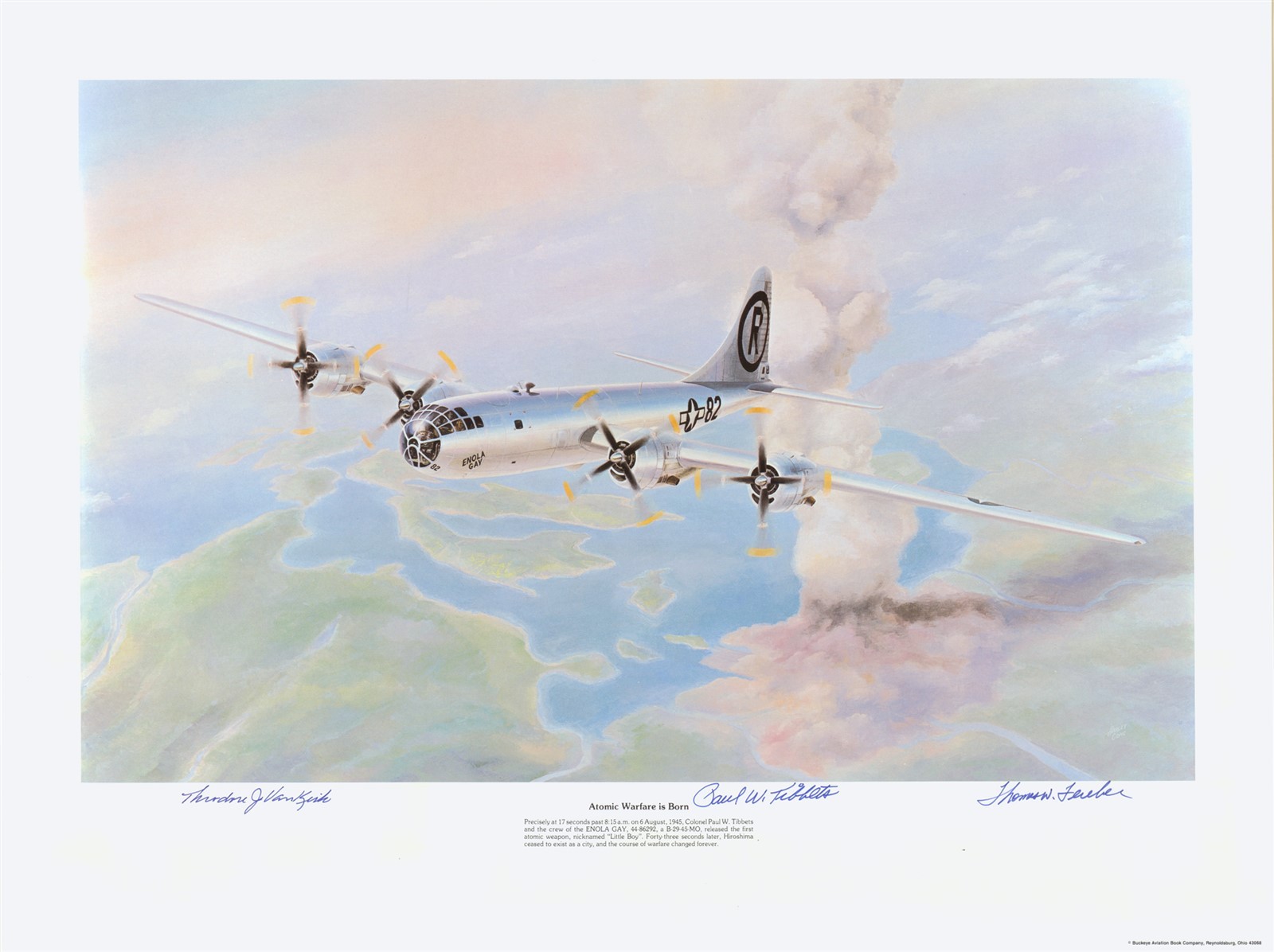 Enola Gay Lithograph signed by 3--Pilot Tibbets-Bombardier-Ferebee-Navig vanKirk