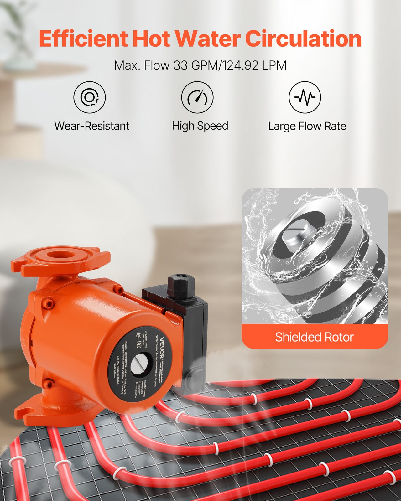 VEVOR 0011-BF4-J Cast Iron Circulator Pump Hot Water Circulation 1/3 HP 33 GPM