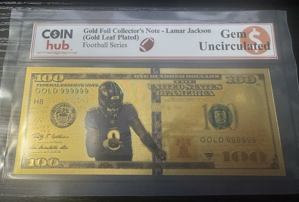 $100 24k Gold Foil Plated Lamar Jackson Note Baltimore Ravens NFL Gem Unc