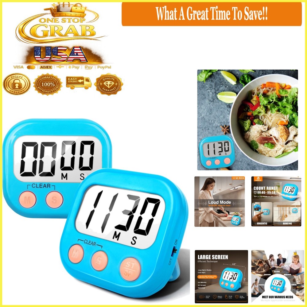 2 Pack Digital Kitchen Timers Loud Ring Magnetic Blue Set