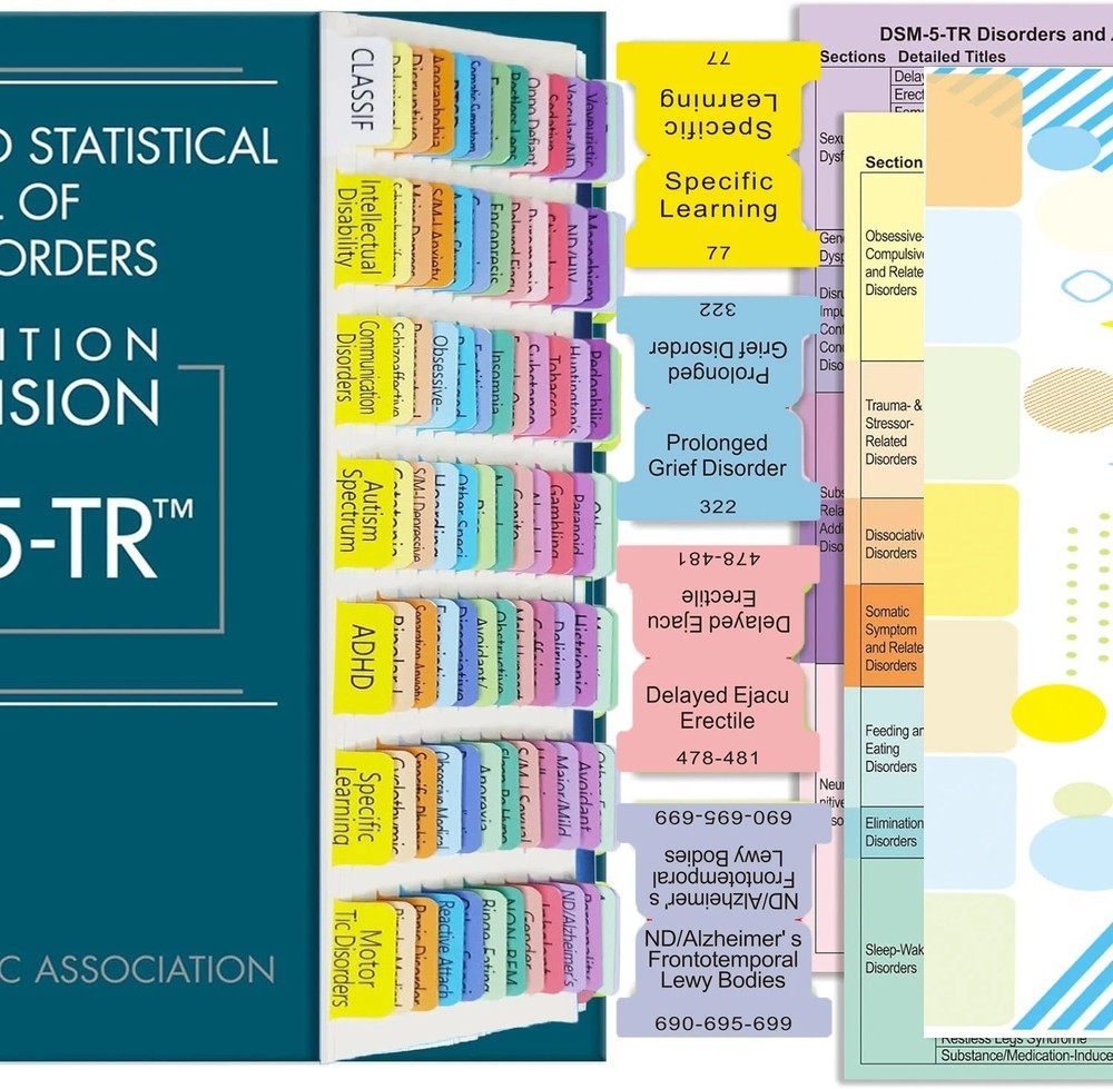 100Pcs Color Coded Index Tabs for DSM-5-TR with Guide & Disorder Description
