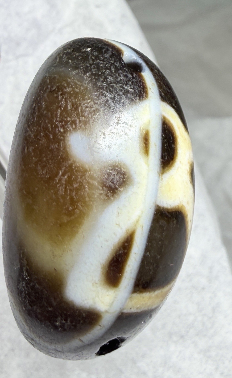 Tibetan Kubera Wealth God Old Agate Dzi Pendant, Odd Size Silkworm Line. ✨