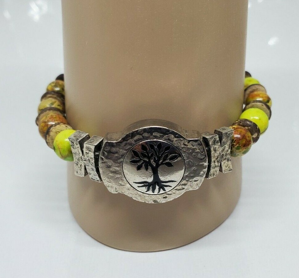 Green Brown Beaded Tree Design Bracelet 8" Marked KS