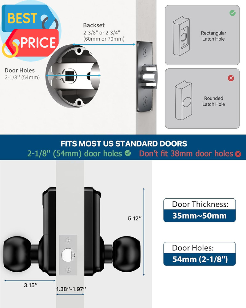 Keyless Entry Door Lock with Code, Keypad Door Lock with Handle, Touchscreen Doo