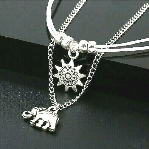 Aztec Sun Elephant Silver White Layered Anklet Beaded Adjustable Ankle Bracelet