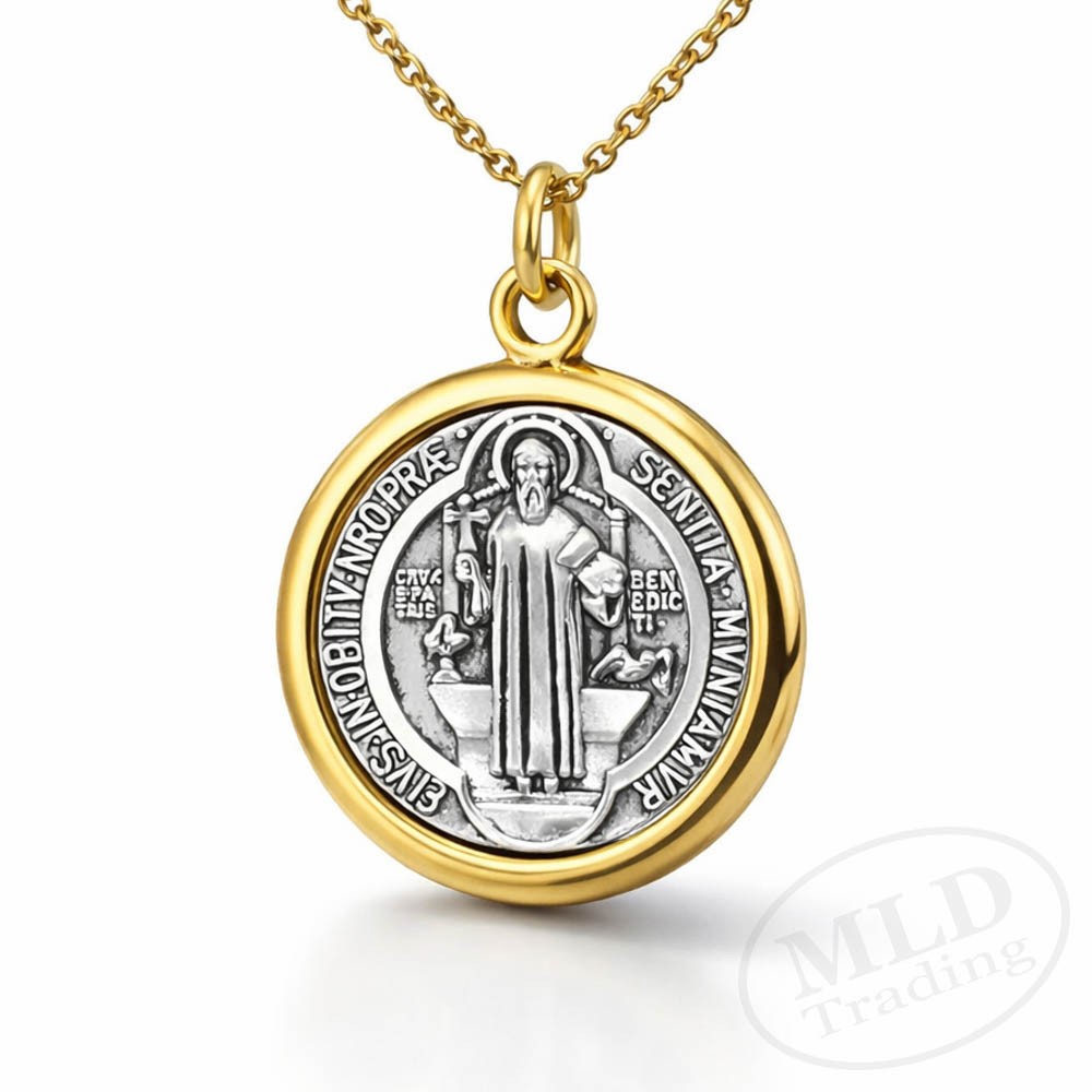 Saint St Benedict Medal Pendant Necklace – Gold Tone Border – 18”+2” Link Chain