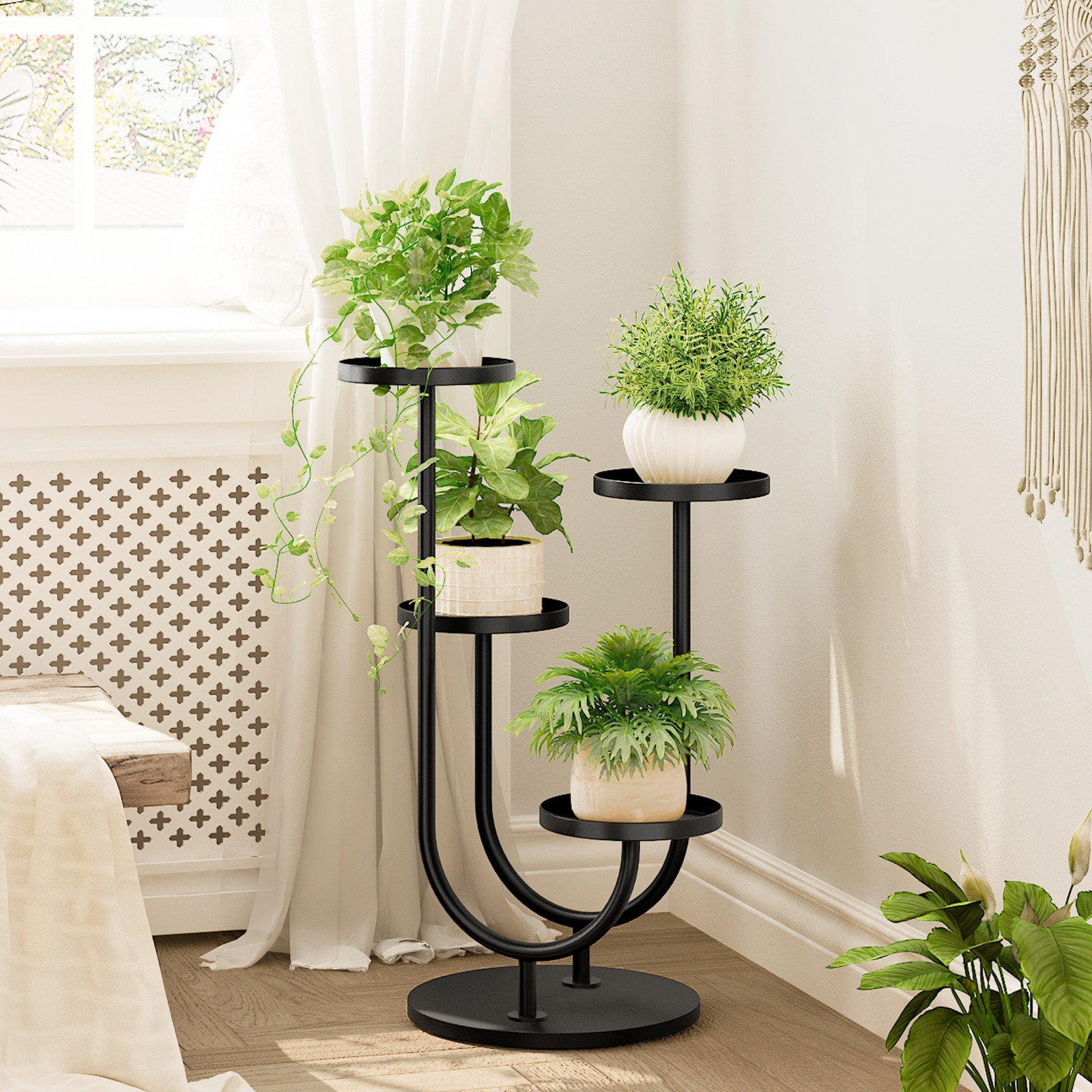 Bamworld Plant Stand Indoor Modern Corner Plants Shelf Display 4 Pots Black