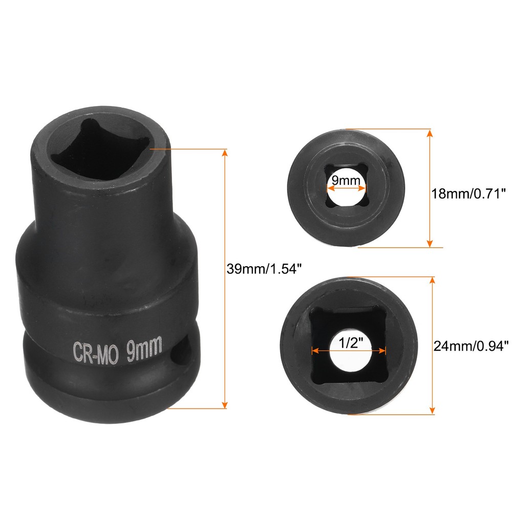 4 Point Square Socket 1/2" Drive 9mm Metric CR-MO Square Impact Wheel Socket