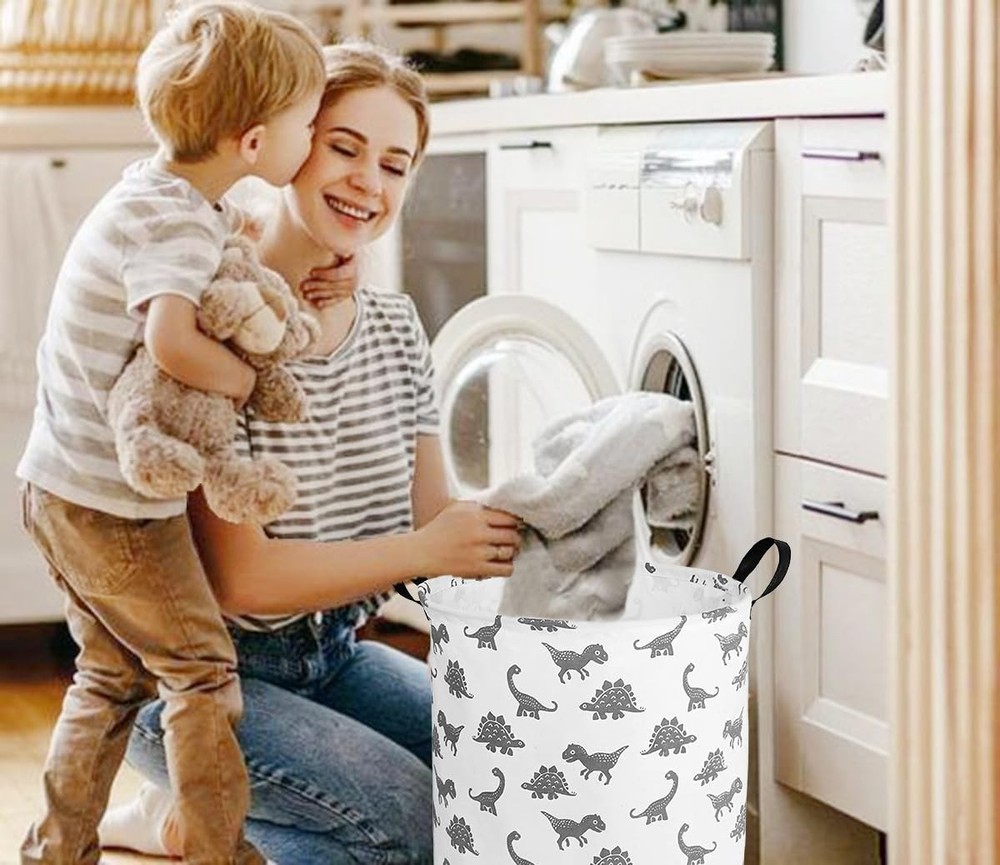 HUAYEE Round Dinosaur Pattern Laundry Hamper Storage Basket Fabric Material S...