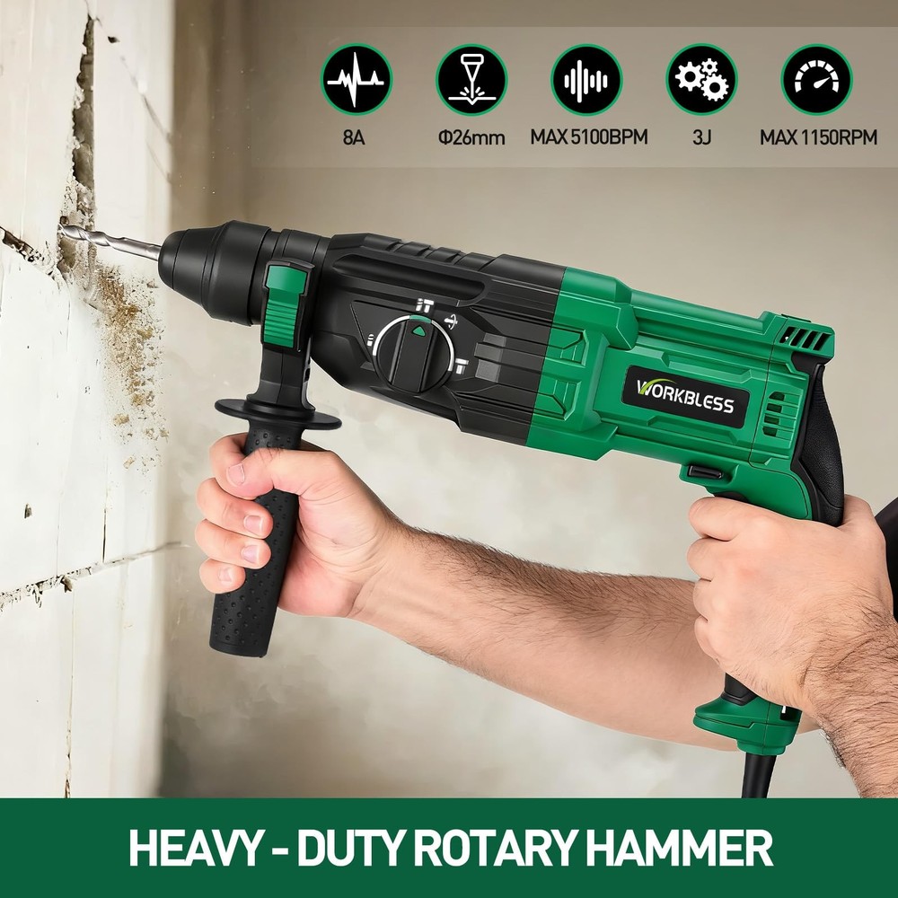 1 Inch SDS-Plus Rotary Hammer Drill, 8Amp, 3.0J 4 Functions Variable Speed Ha...