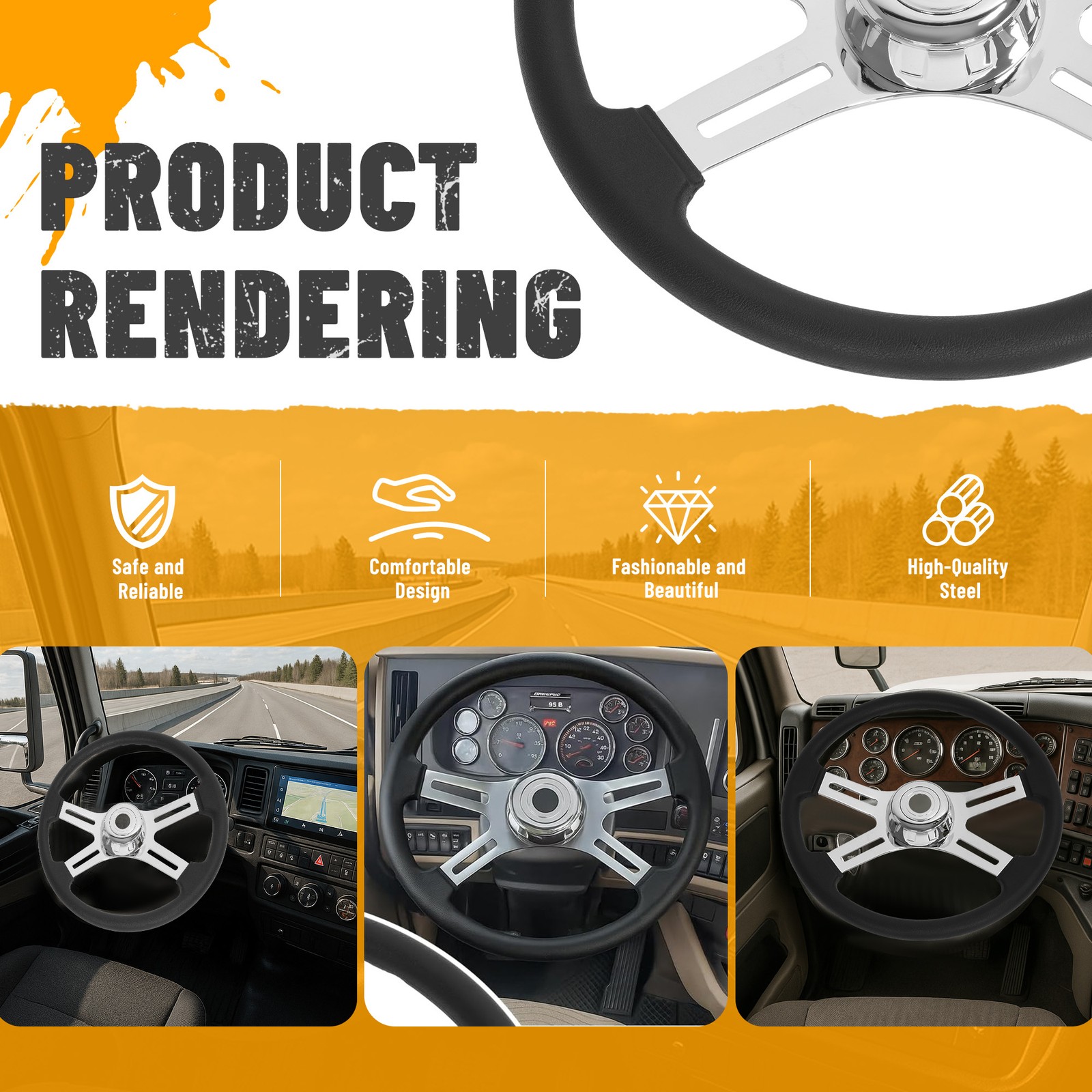 4 Spoke Steering Wheel 18" Black For Freightliner/ Kenworth/ Peterbilt/ Volvo