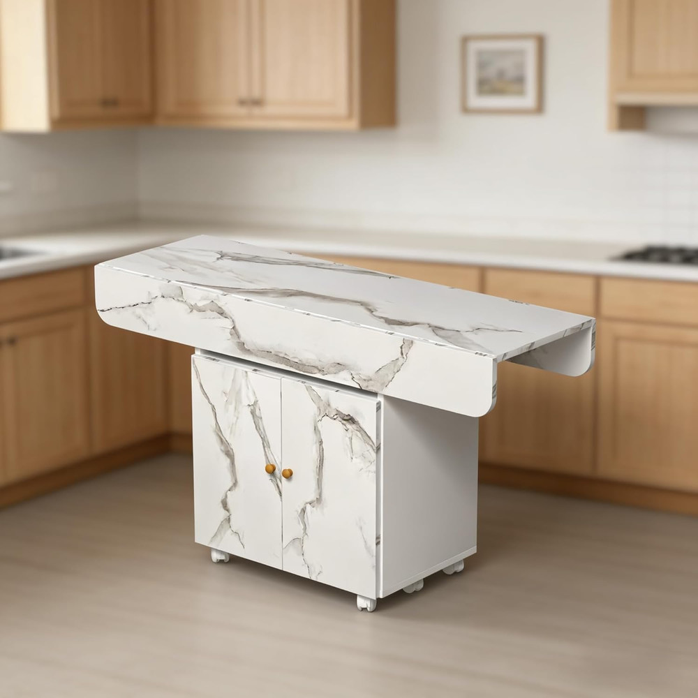 47" Rolling Kitchen Island with Storage & Drop Leaf - White Marble Top
