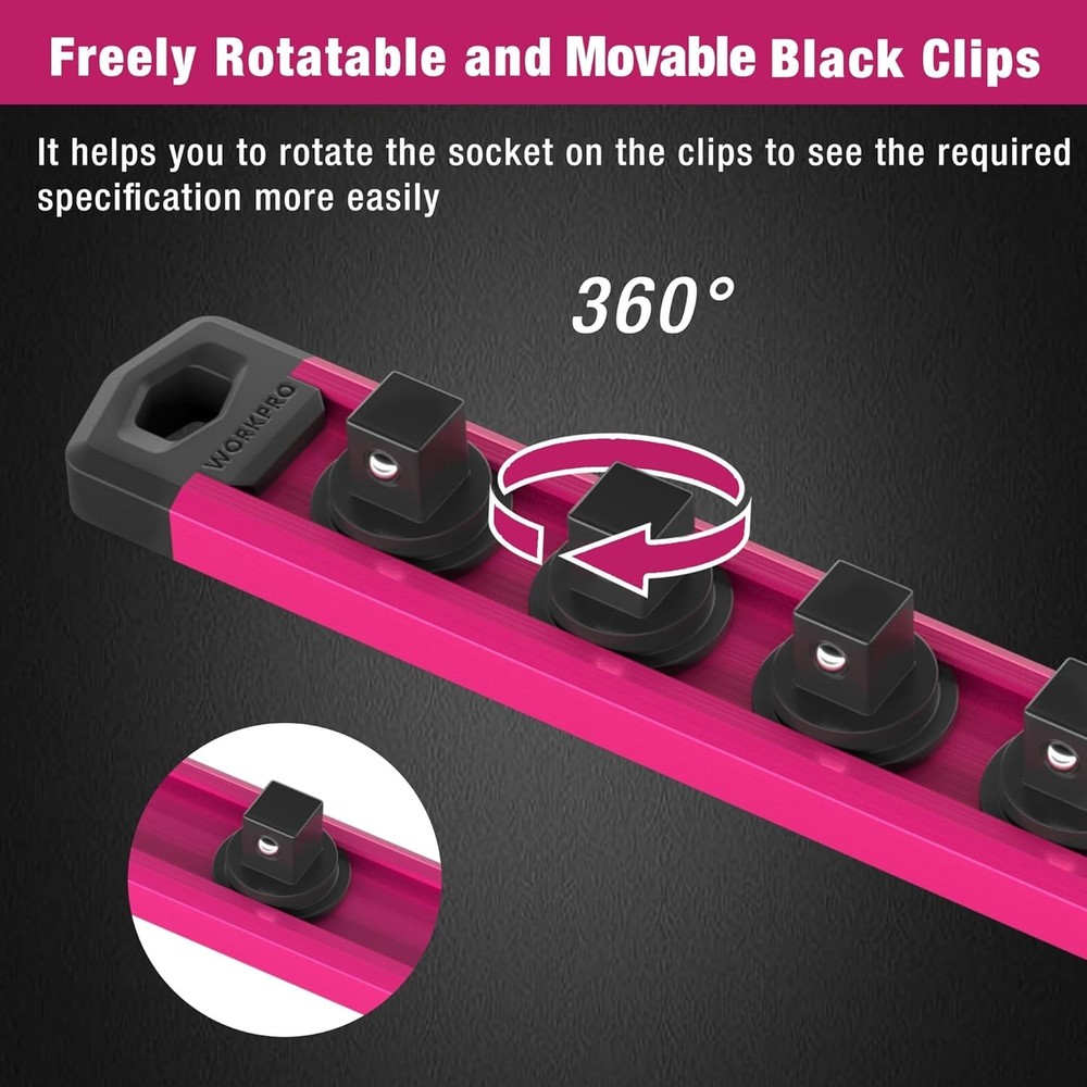 Efficient Magnetic Socket Rail - Includes 10 Rotatable Clips for 3/8-Inch Drives