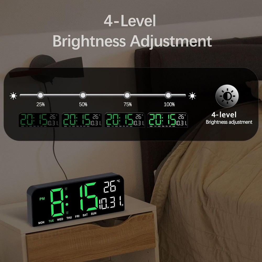 10" Digital Wall Clock Large Display with Auto-Dimming Date/Week/Temperature