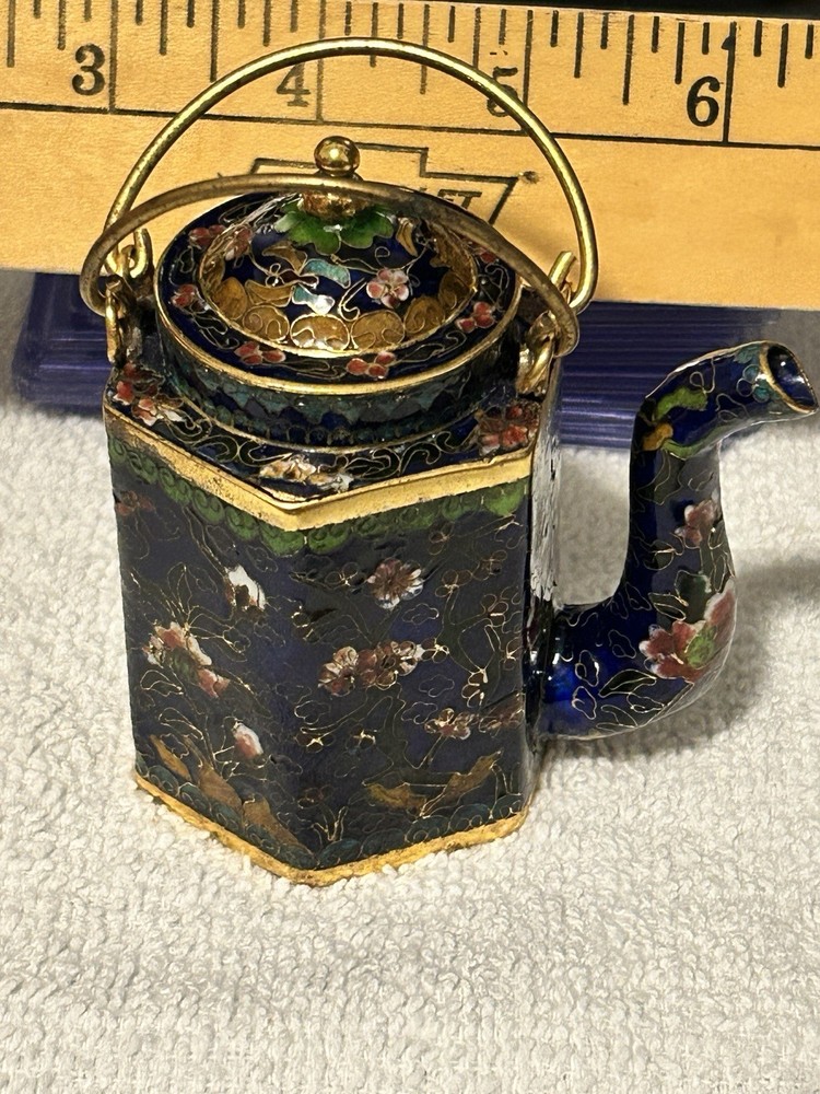 Beautiful Old Chinese Cloisonne Enamel Tea Pot Navy Blue & Gold