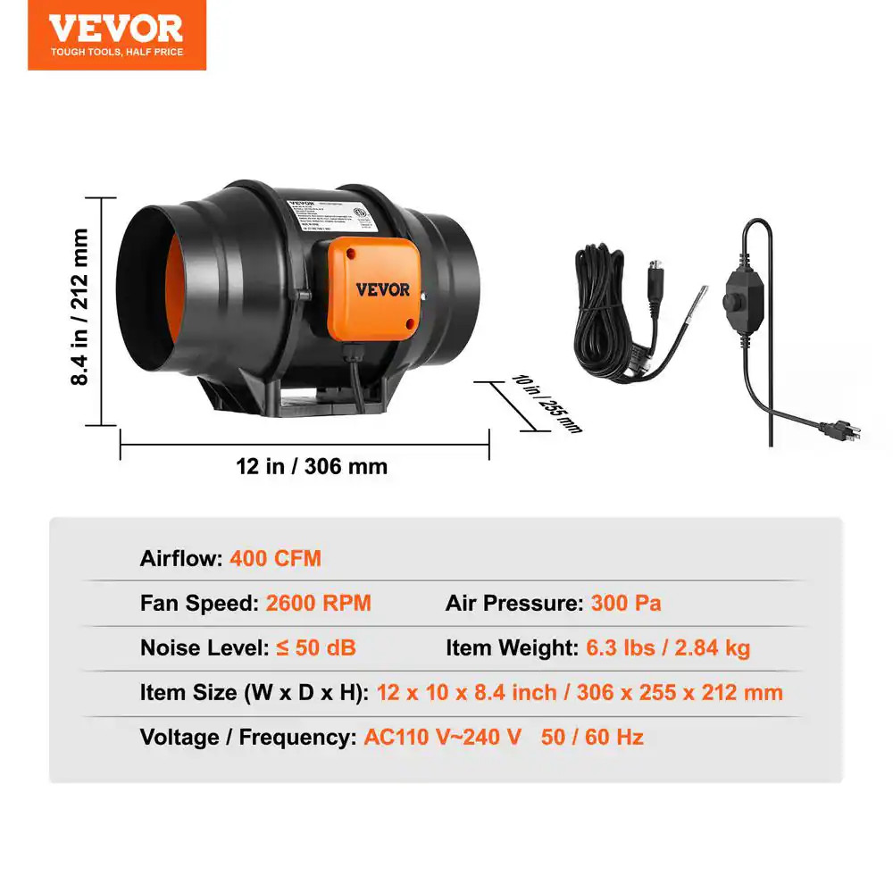 Inline Duct Fan 6-In. 400 CFM with Variable Speed Controller Quiet Ac-Motor Vent