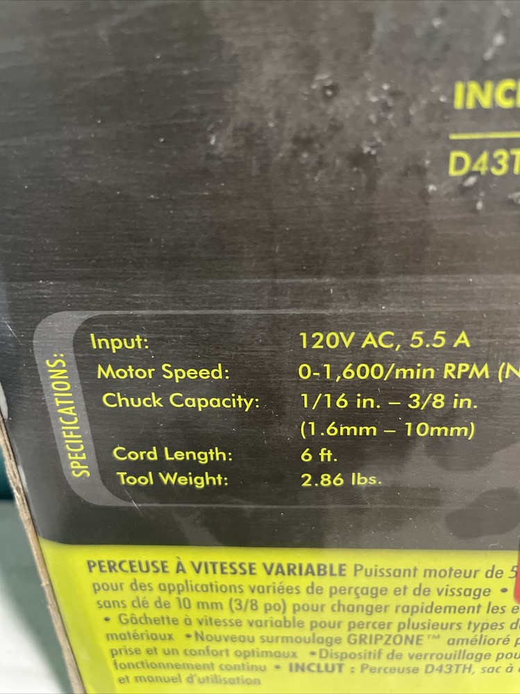 Ryobi Compact Variable Speed Drill 3/8"5.5 Amp Corded Variable Speed Bag D43K