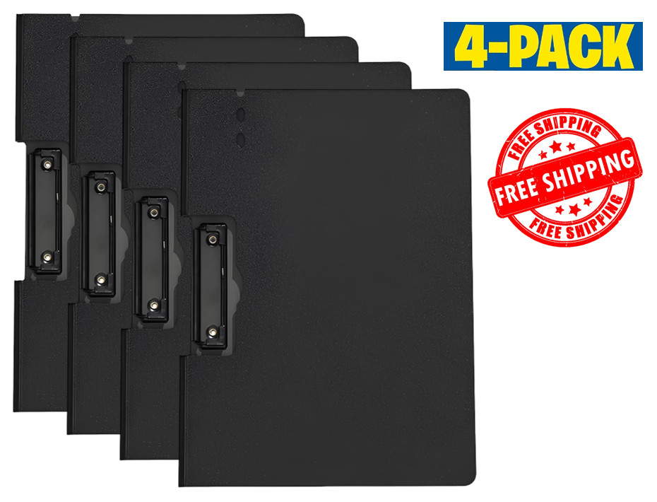 4 Pcs Black Foldable Plastic Clipboard Horizontal Opening, with Protective Cover