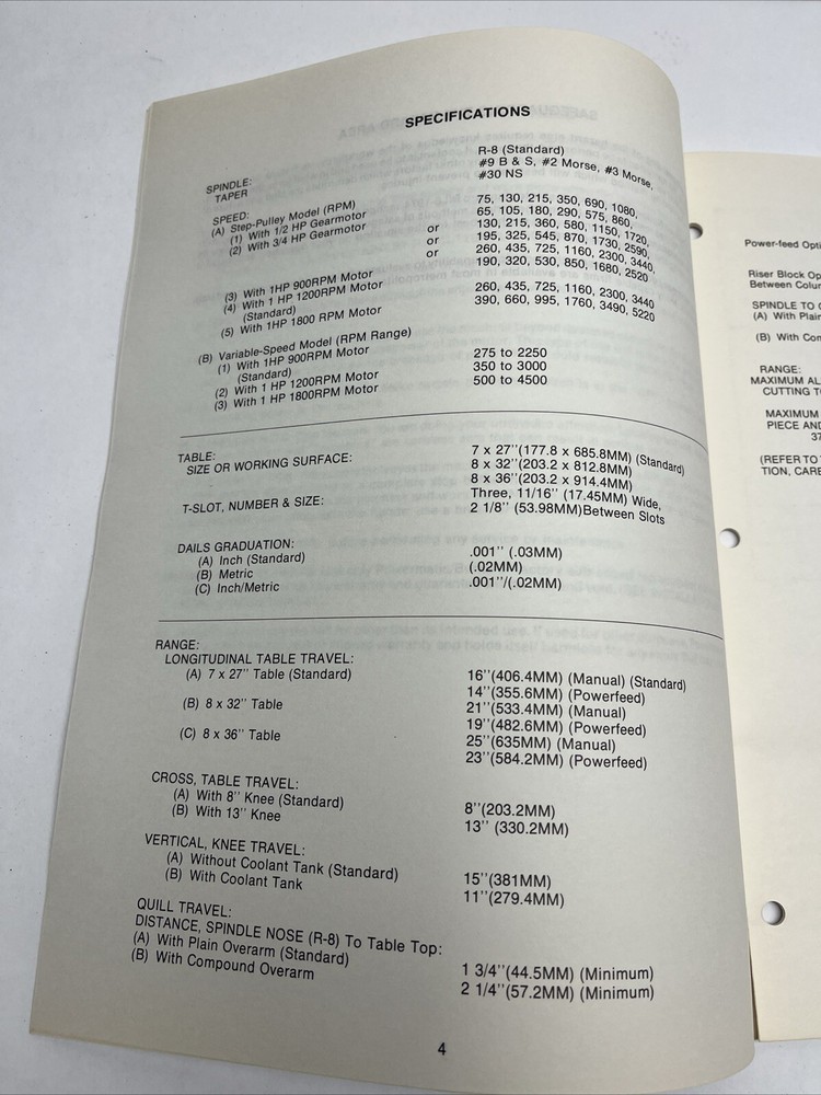 Millrite POWERMATIC Vertical Milling Machine Owner Operator's Manual