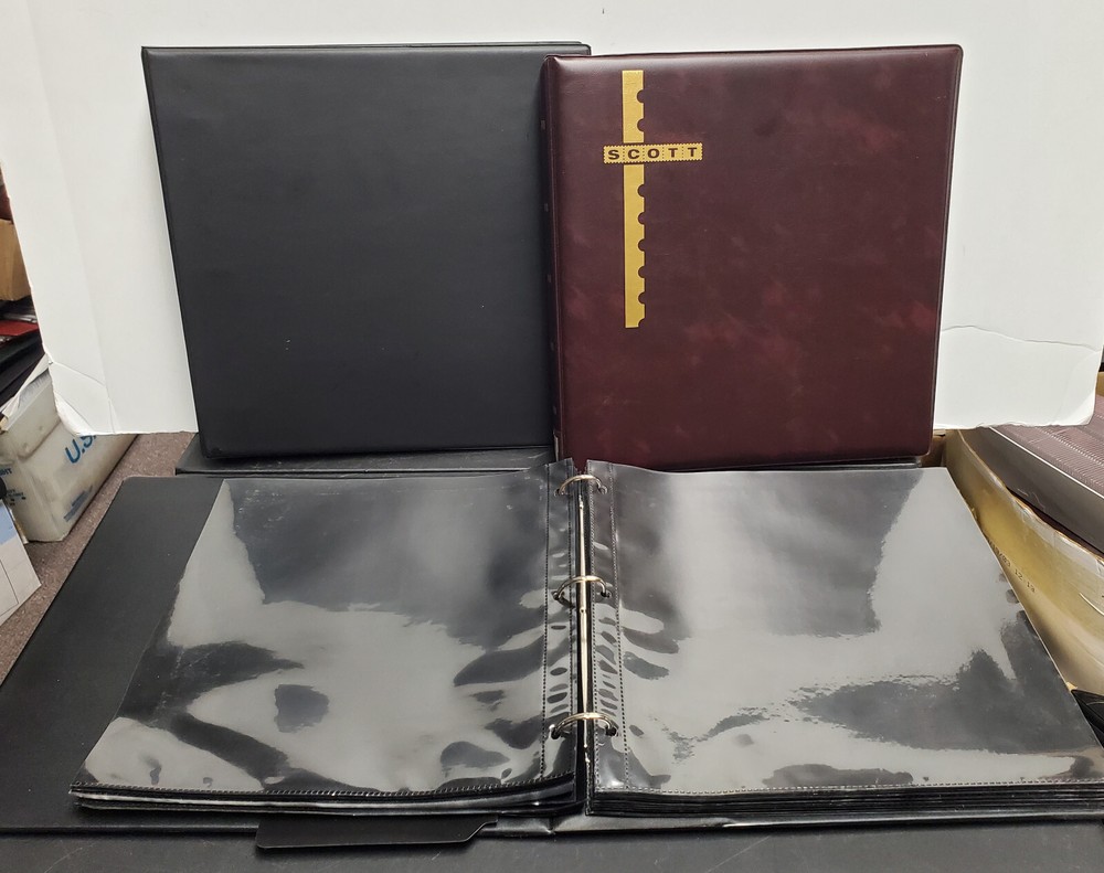 Set of 3-Ring Binders With Black 2-Sided Mint Sheet Pages, 2 Scott + 1 Unbranded