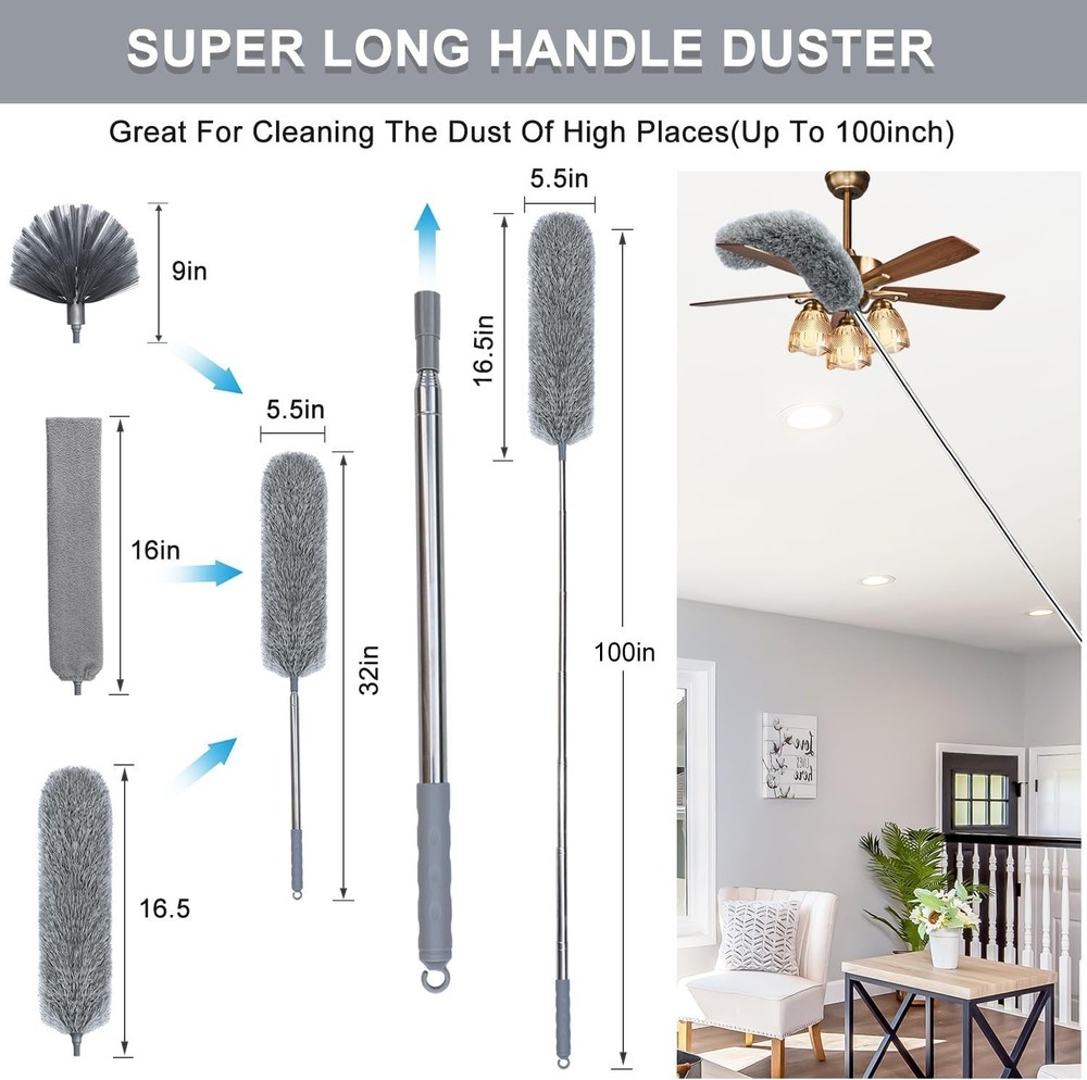 100" Microfiber Feather Dusters for Cleaning, Cobweb Duster with Extension Po...