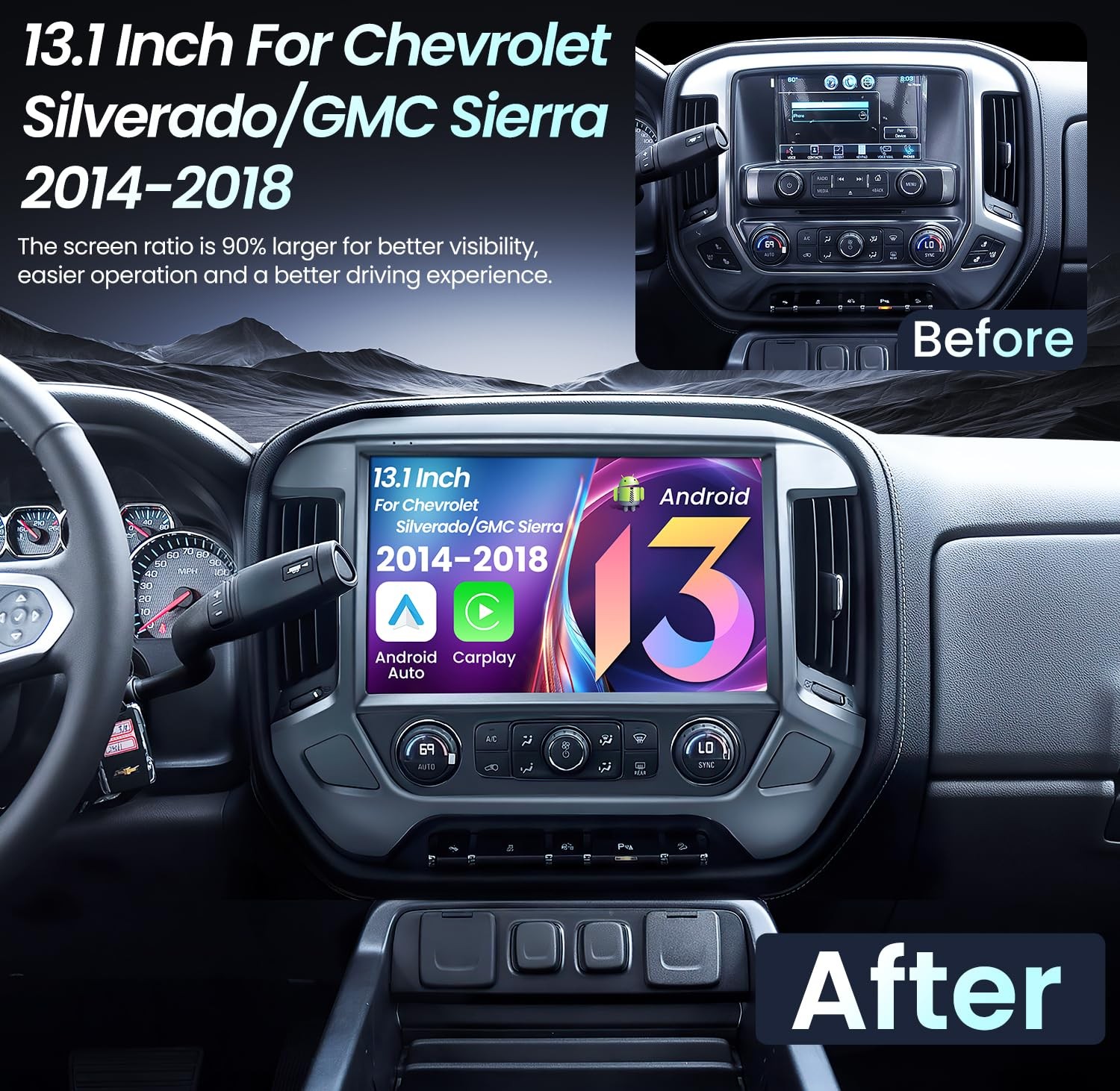 13.1'' 4+64G Android 13 Stereo Radio for Chevy Silverado 2014-18 w/Apple Carplay