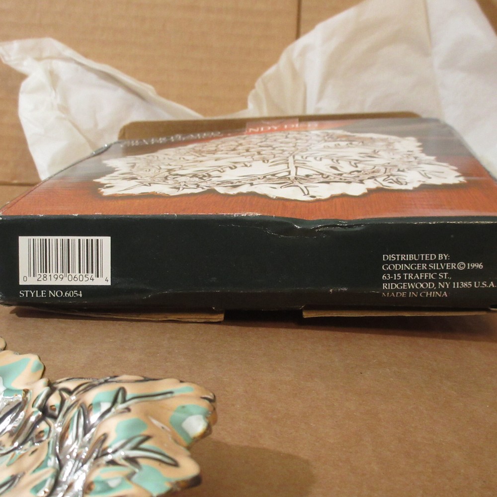 Vtg NOS w/Box GODINGER Silver Plate Candy Dish Grape Cluster & Leaf Design 7"×7"