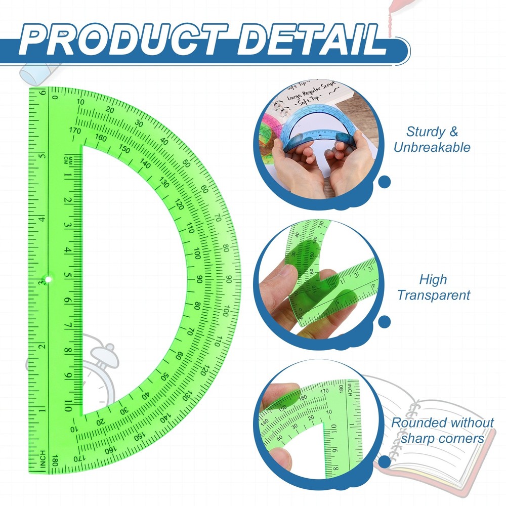 Plastic Protractor, 6 Pack Protractors 6 Inch 180 Degrees Geometry Tool, Green