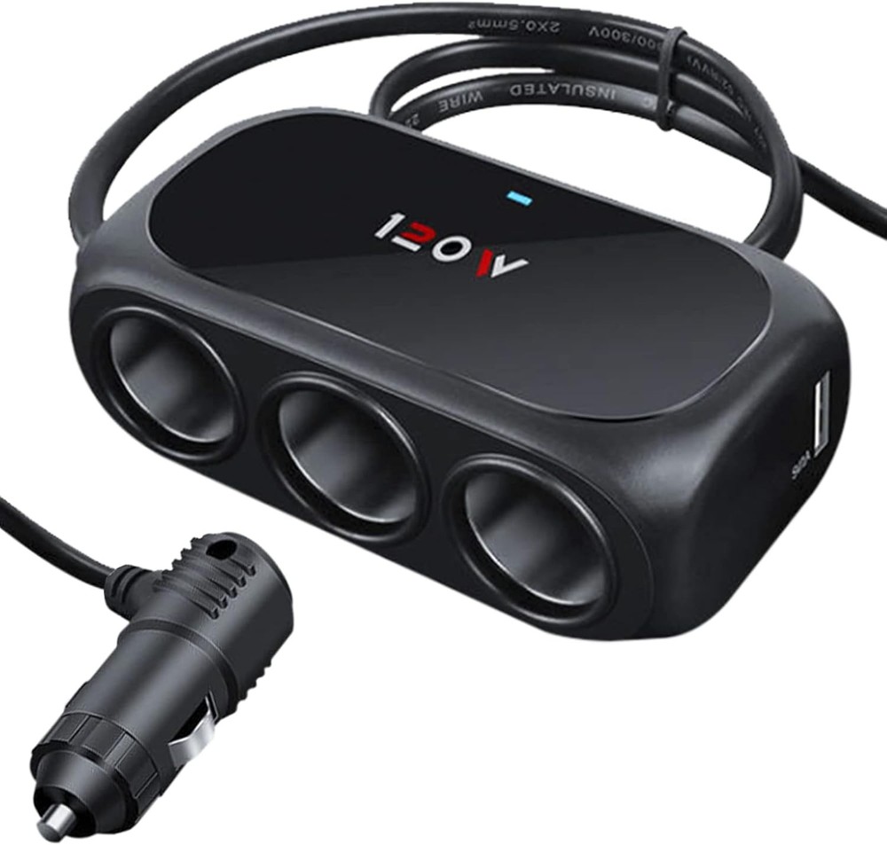 3-Socket Car Cigarette Lighter Splitter Adapter, 2 USB Splitter Extender [120W]