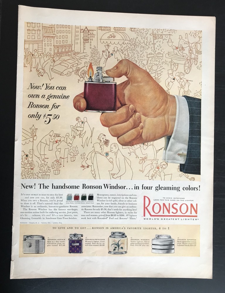Ronson Cigarette Lighter  1953 WWII  Ad