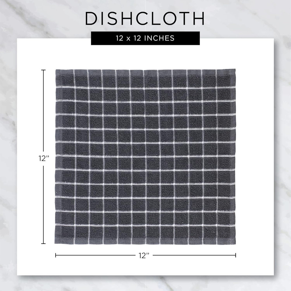 Basic Terry Collection Windowpane Dishcloth Set, 12X12, Black, 6 Piece