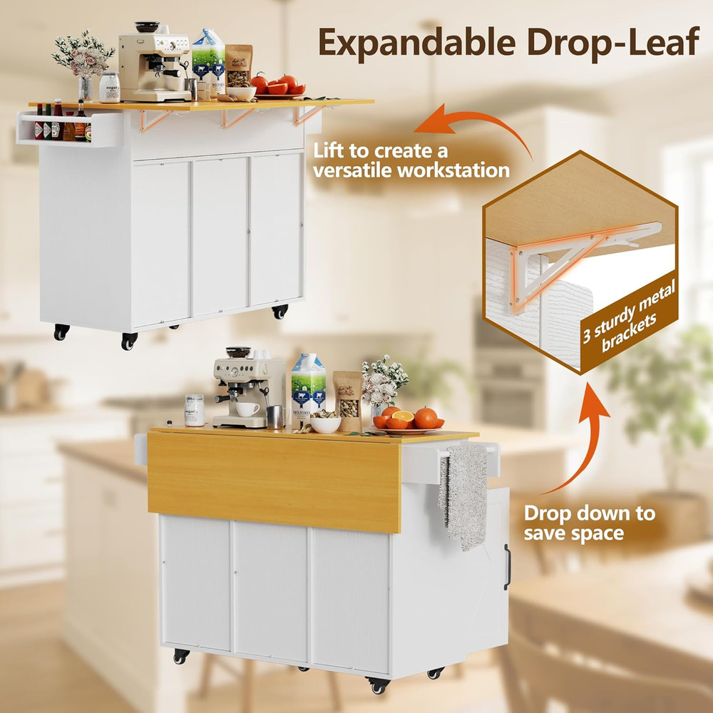 Rolling Kitchen Island Cart with Trash Can, Drop Leaf & Storage - White