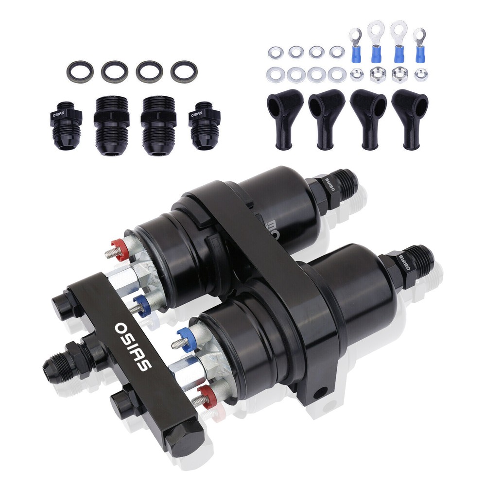 New 2x 044 High Flow External Fuel Pump + Dual Bracket & Out Manifold AN8